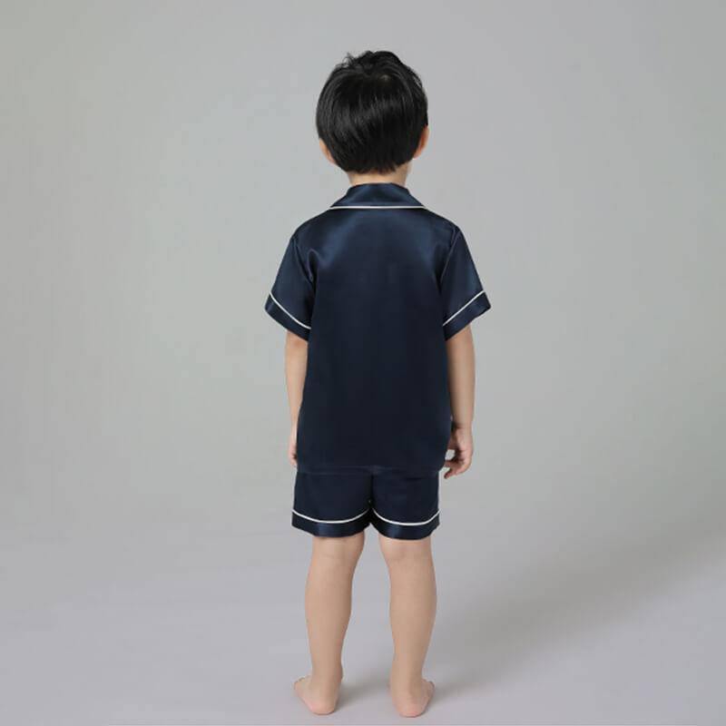 Boys Silk Pajama Sets Short Two Piece Kids Silk Sleepwear Navy Blue XS