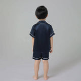 Boys Silk Pajama Sets Short Two Piece Kids Silk Sleepwear Navy Blue XS