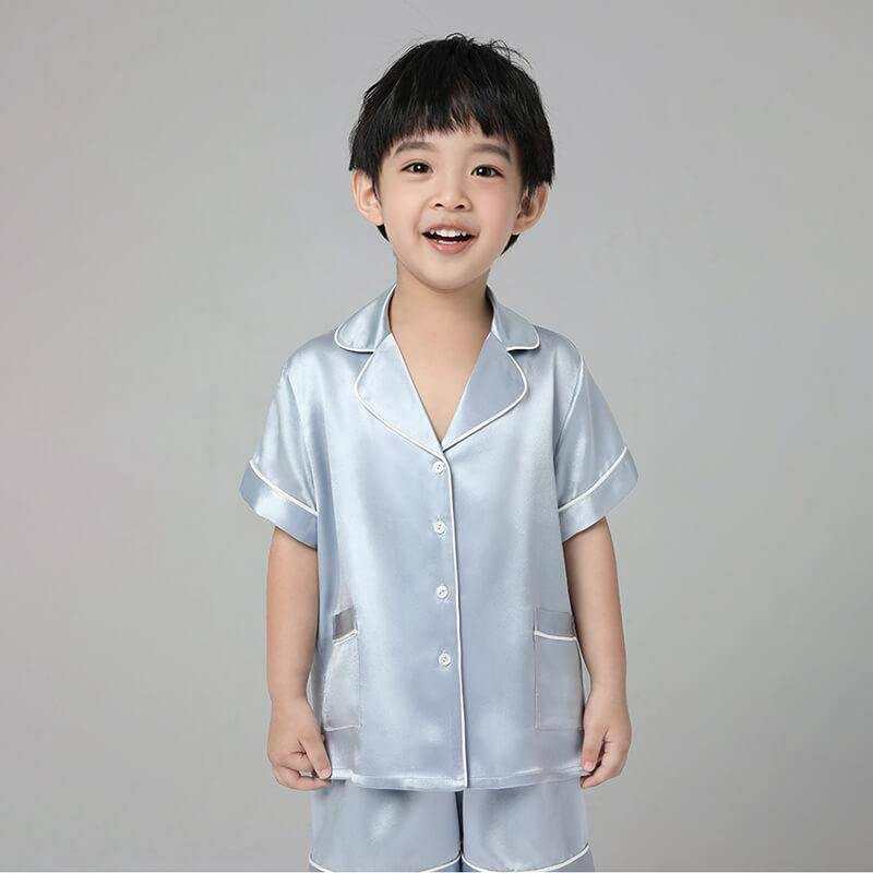 Boys Silk Pajama Sets Short Two Piece Kids Silk Sleepwear Light Blue XS