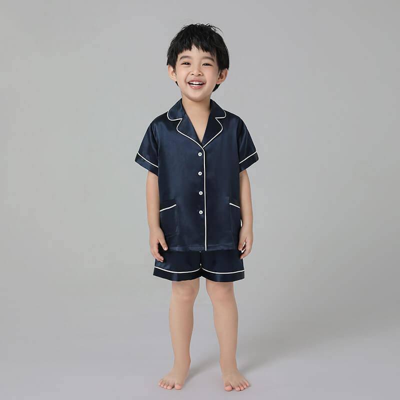 Boys Silk Pajama Sets Short Two Piece Kids Silk Sleepwear Navy Blue XS