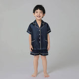 Boys Silk Pajama Sets Short Two Piece Kids Silk Sleepwear Navy Blue XS