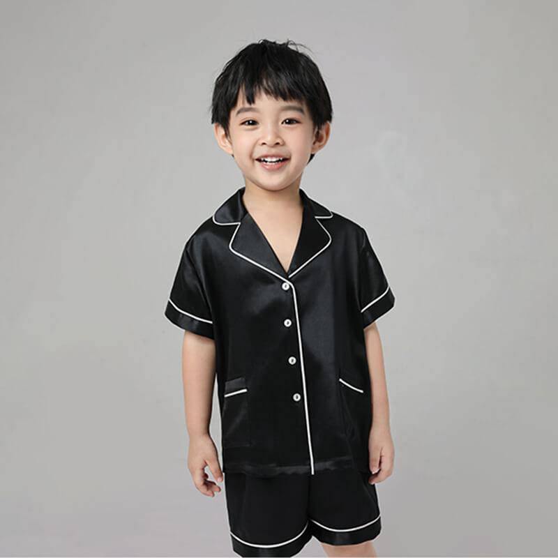 Boys Silk Pajama Sets Short Two Piece Kids Silk Sleepwear Black XS