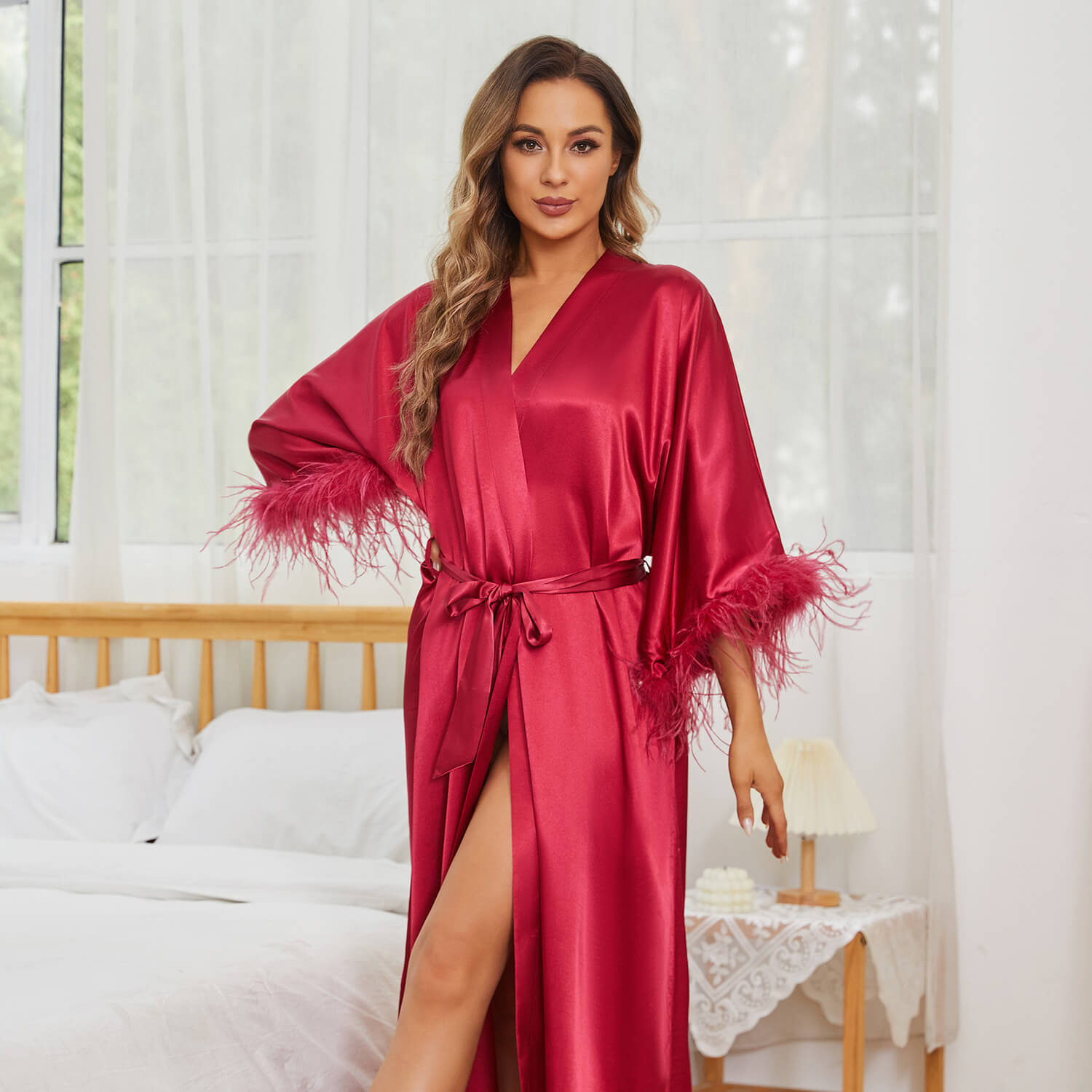 Bridal Silk Kimono Robes With Ostrich Feather Silk Robe Claret One size fits most