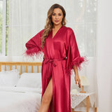 Bridal Silk Kimono Robes With Ostrich Feather Silk Robe Claret One size fits most