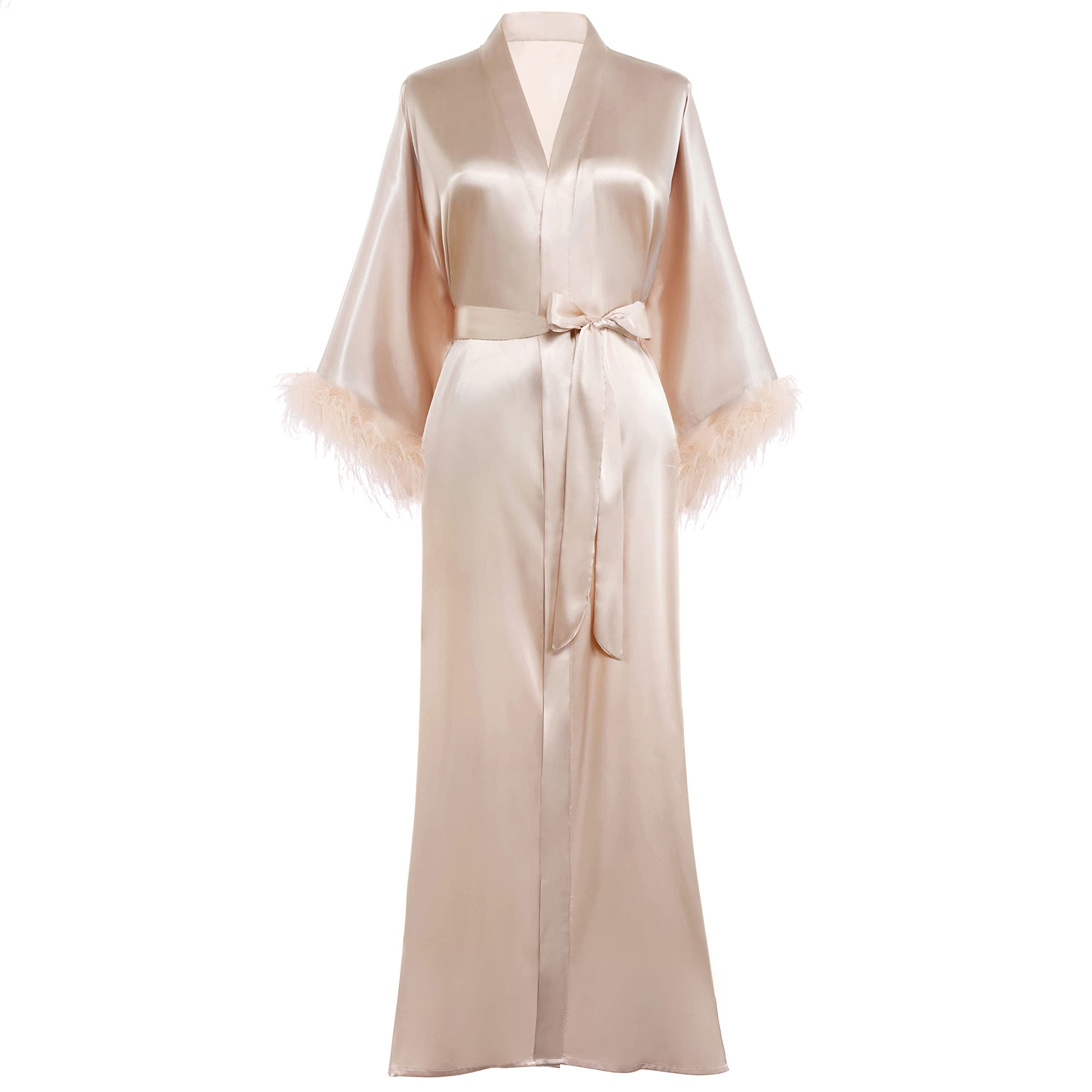 Bridal Silk Kimono Robes With Ostrich Feather Silk Robe Champagne One size fits most