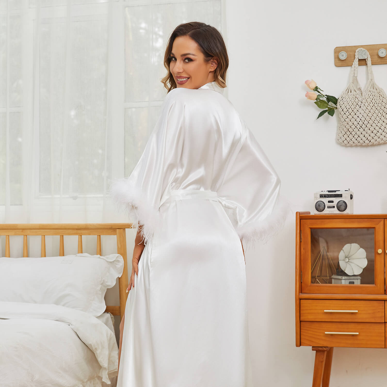 Bridal Silk Kimono Robes With Ostrich Feather Silk Robe White One size fits most