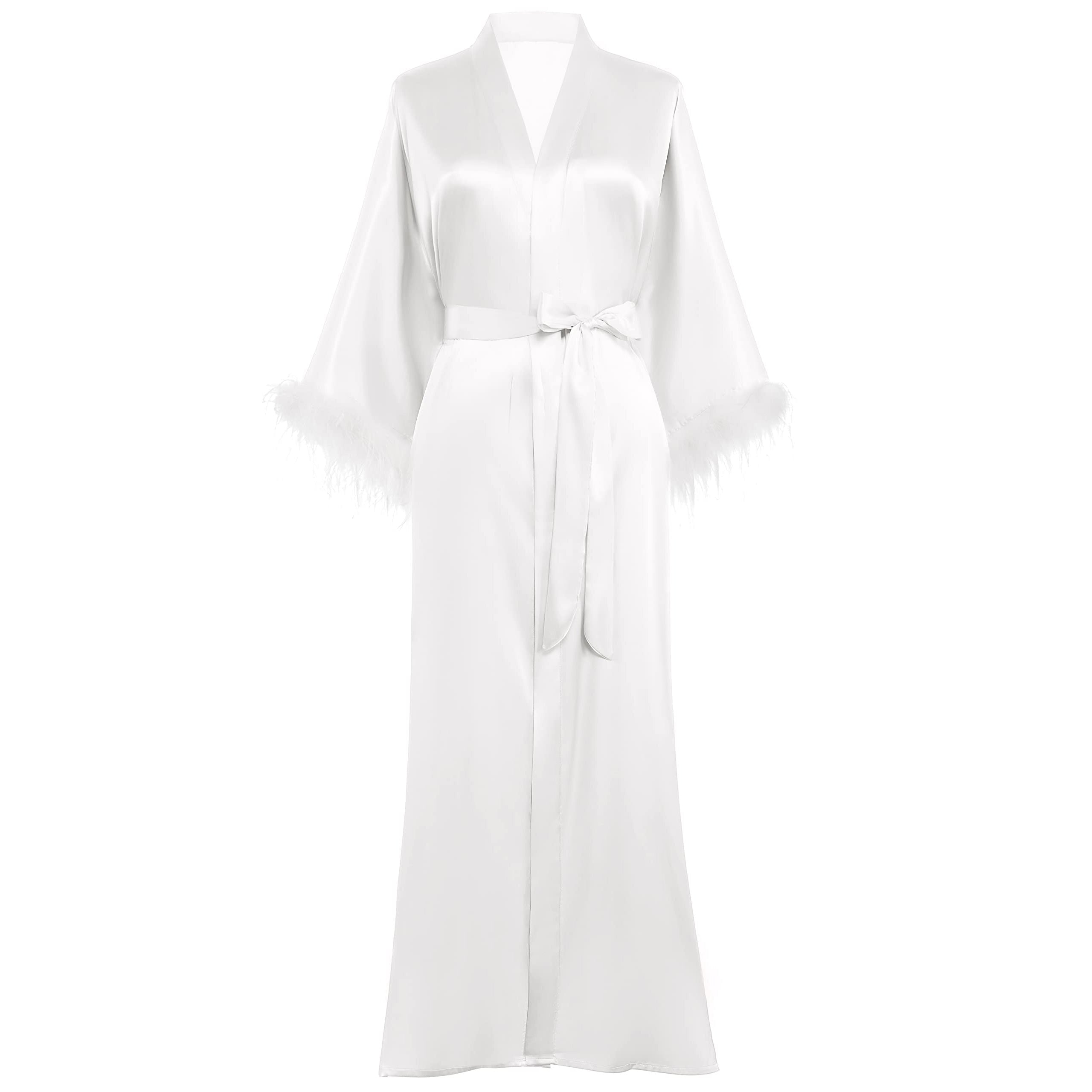 Bridal Silk Kimono Robes With Ostrich Feather Silk Robe White One size fits most