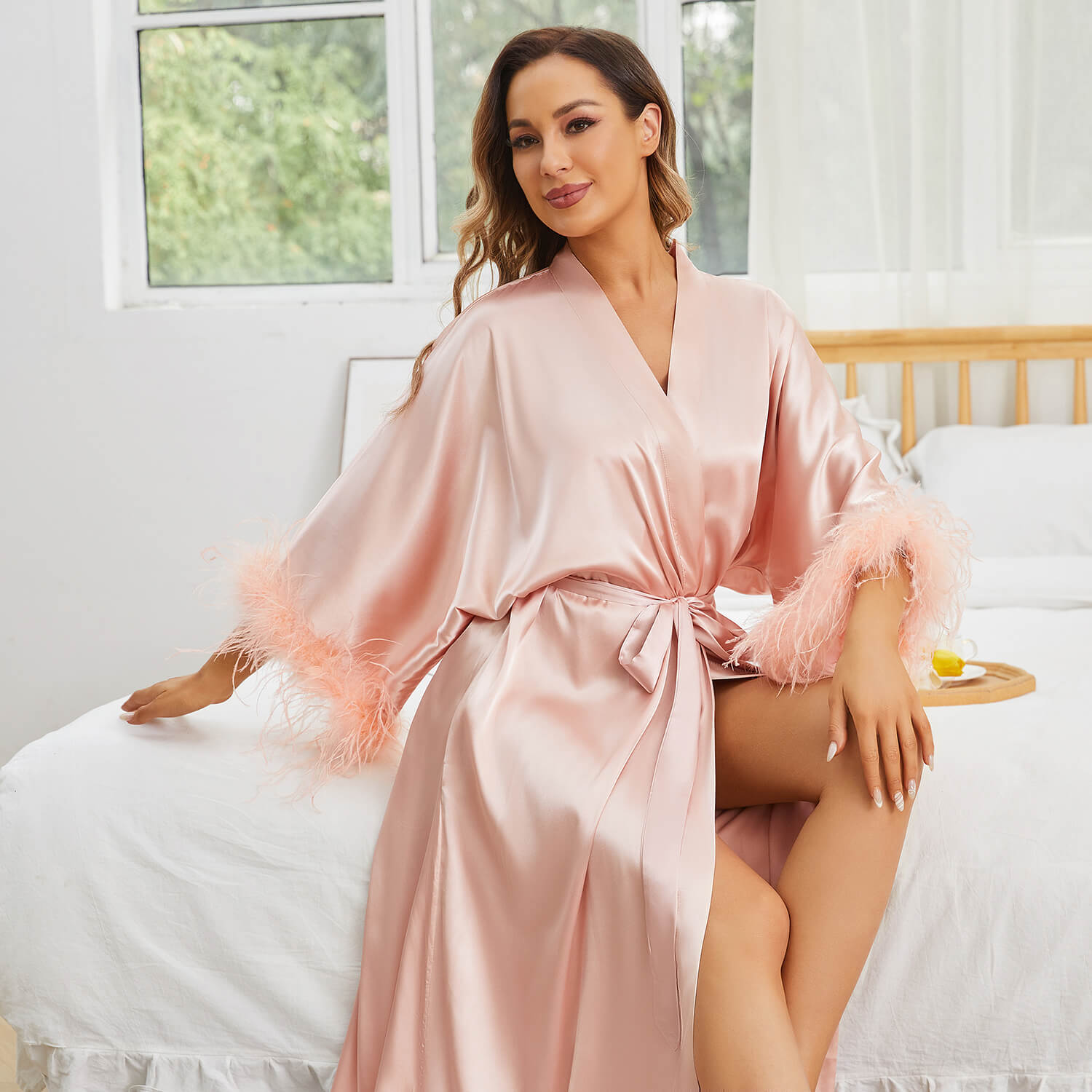 Bridal Silk Kimono Robes With Ostrich Feather Silk Robe Pink One size fits most