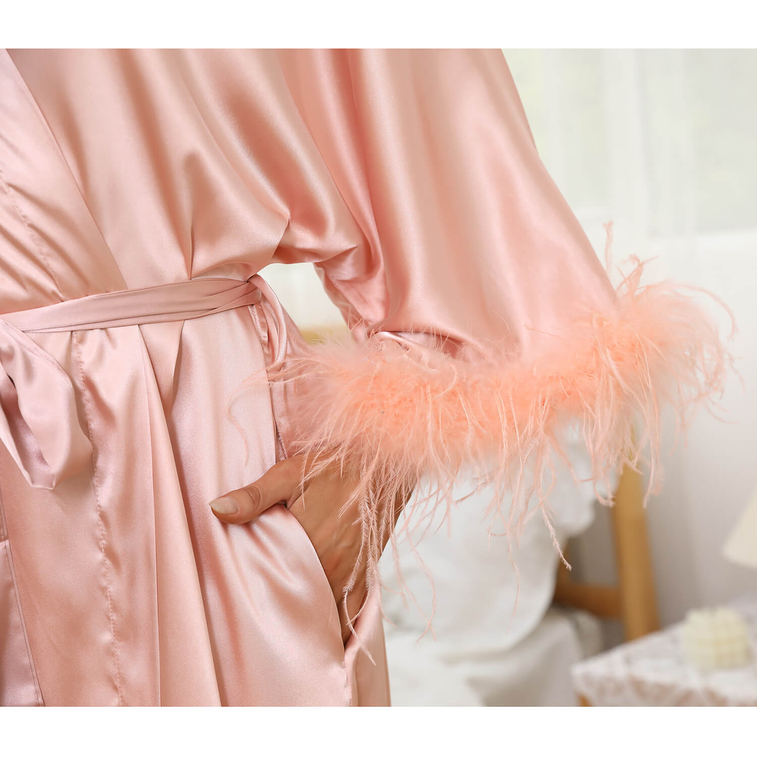 Bridal Silk Kimono Robes With Ostrich Feather Silk Robe White One size fits most