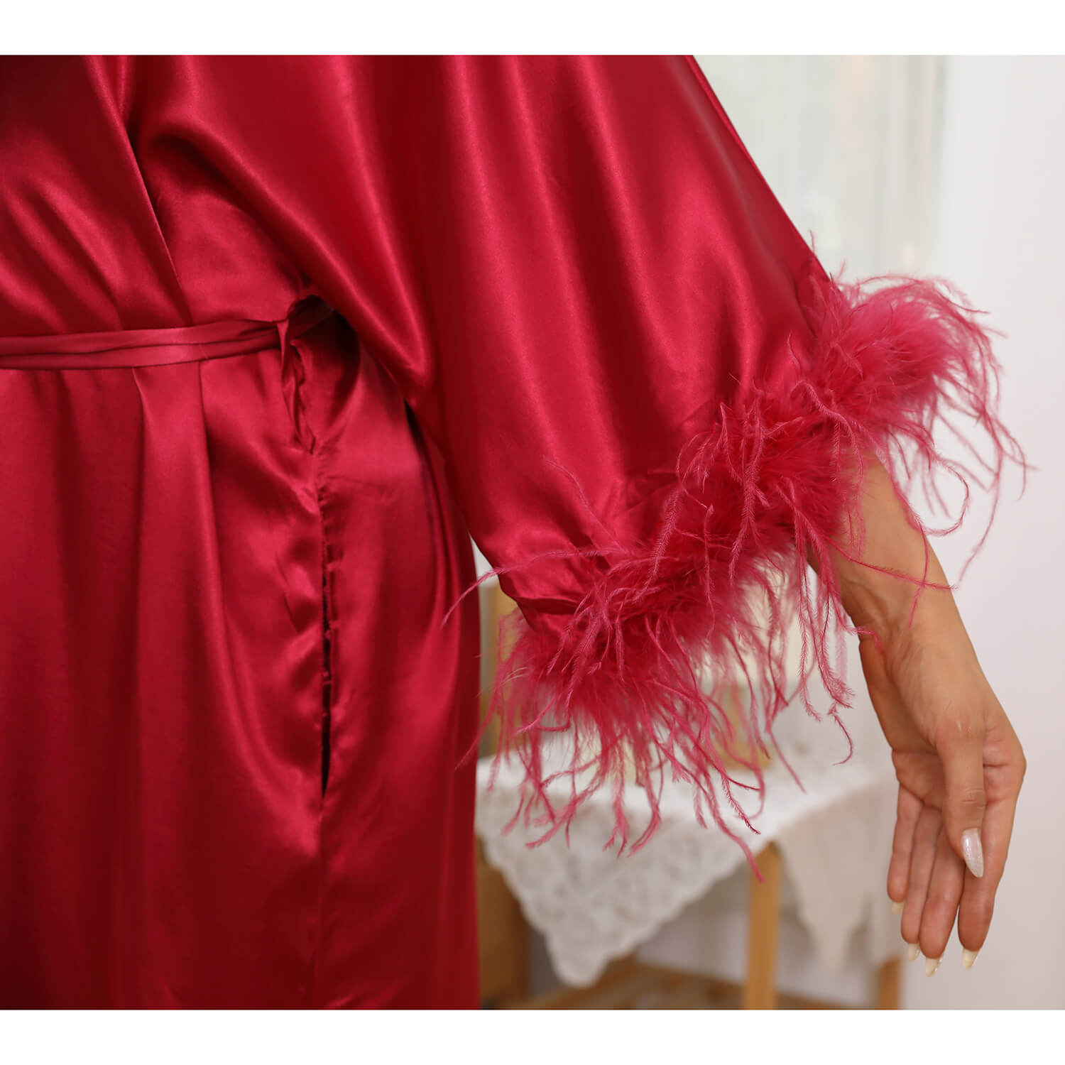 Bridal Silk Kimono Robes With Ostrich Feather Silk Robe White One size fits most
