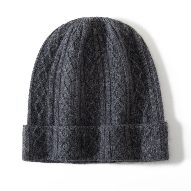 Cable Knit Cashmere Beanie Turn Up Brim Cashmere Knit Cap Winter Hat Grey M