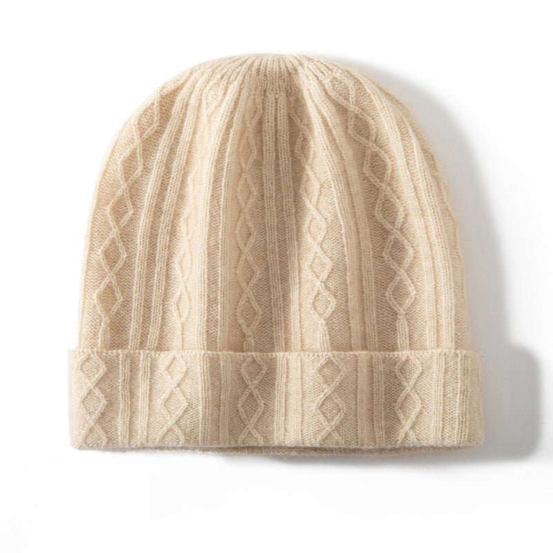 Cable Knit Cashmere Beanie Turn Up Brim Cashmere Knit Cap Winter Hat Beige M