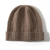 Cable Knit Cashmere Beanie Turn Up Brim Cashmere Knit Cap Winter Hat Taupe M