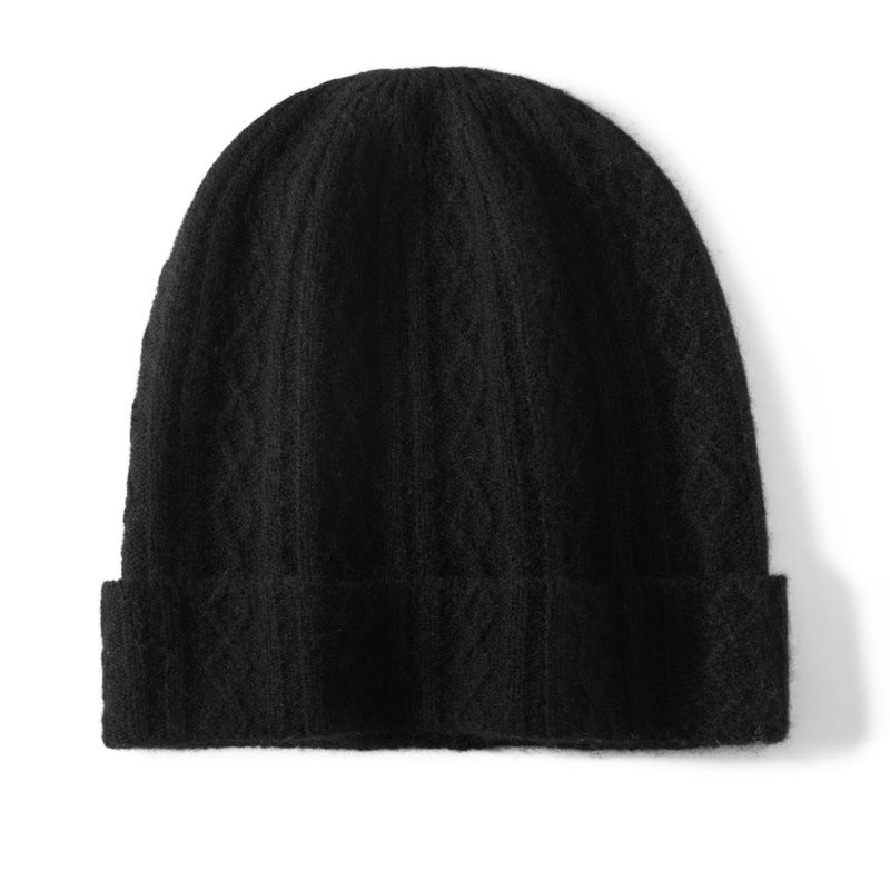 Cable Knit Cashmere Beanie Turn Up Brim Cashmere Knit Cap Winter Hat Black M