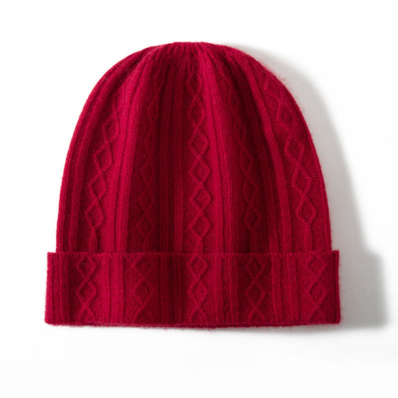 Cable Knit Cashmere Beanie Turn Up Brim Cashmere Knit Cap Winter Hat Claret M