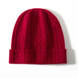 Cable Knit Cashmere Beanie Turn Up Brim Cashmere Knit Cap Winter Hat Claret M