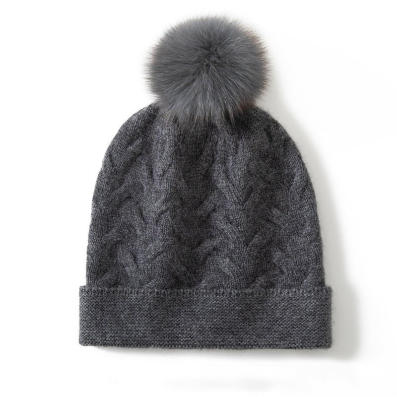 Cable Knit Cashmere Beanie with Pom Textured Cashmere Hat Grey M