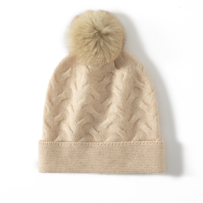 Cable Knit Cashmere Beanie with Pom Textured Cashmere Hat Beige M
