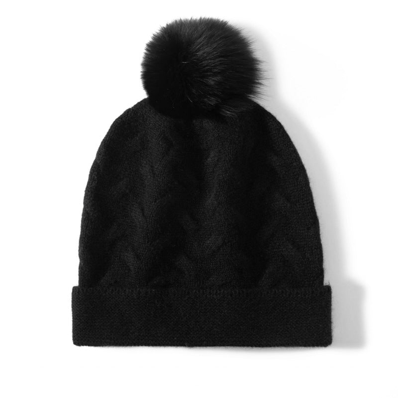 Cable Knit Cashmere Beanie with Pom Textured Cashmere Hat Black M