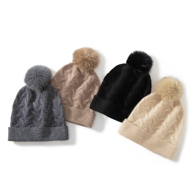 Cable Knit Cashmere Beanie with Pom Textured Cashmere Hat Black M