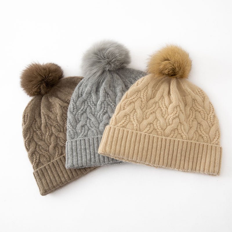 Cable Knit Pure Cashmere Beanie with Fur Pom Cashmere Hat Fluffy Pom Beige M
