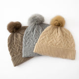 Cable Knit Pure Cashmere Beanie with Fur Pom Cashmere Hat Fluffy Pom Beige M