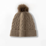 Cable Knit Pure Cashmere Beanie with Fur Pom Cashmere Hat Fluffy Pom Taupe M