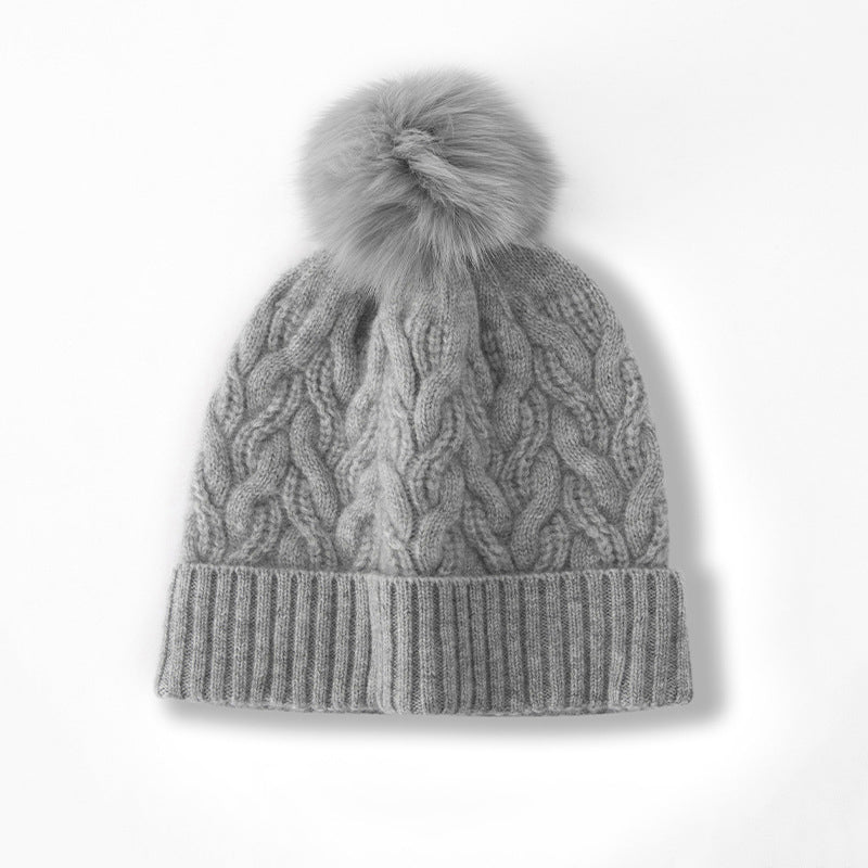 Cable Knit Pure Cashmere Beanie with Fur Pom Cashmere Hat Fluffy Pom Grey M