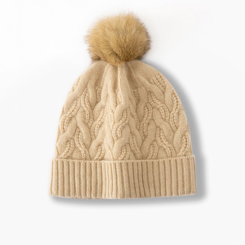 Cable Knit Pure Cashmere Beanie with Fur Pom Cashmere Hat Fluffy Pom Beige M