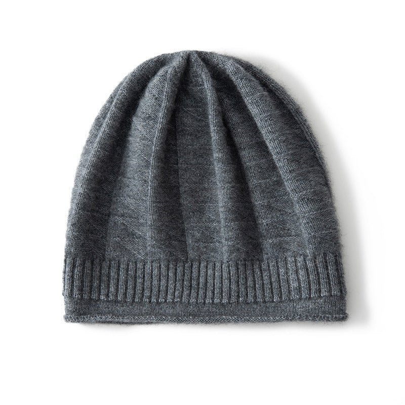 Pure Cashmere Ribbed Diamond Knit Beanie With Geometric Pattern Gray M