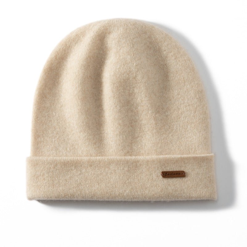 Ribbed Cashmere Beanie Double - layer Thickened Winter Cashmere Hats Beige M