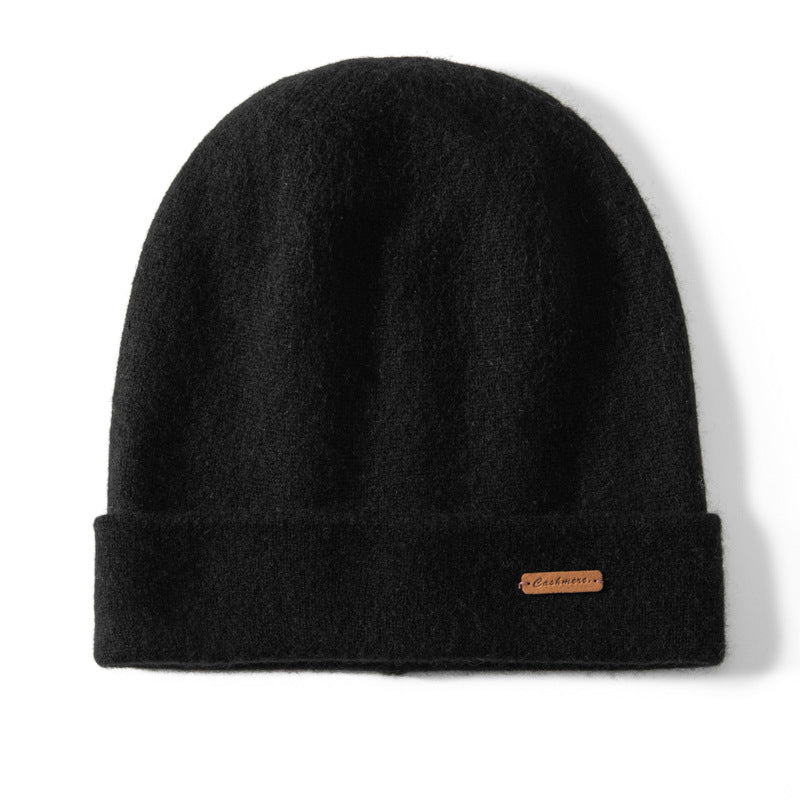 Ribbed Cashmere Beanie Double - layer Thickened Winter Cashmere Hats Black M