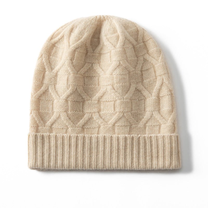 Pure Cashmere Beanie Hat With Geometric Knit Ribbed Cashmere Knit Hat Beige M
