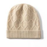 Pure Cashmere Beanie Hat With Geometric Knit Ribbed Cashmere Knit Hat Beige M