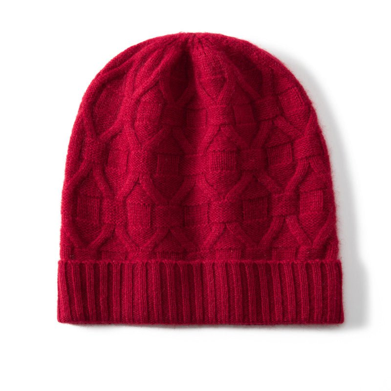 Pure Cashmere Beanie Hat With Geometric Knit Ribbed Cashmere Knit Hat Claret M