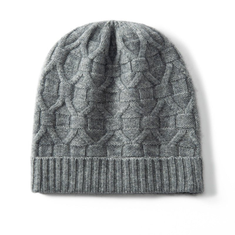 Pure Cashmere Beanie Hat With Geometric Knit Ribbed Cashmere Knit Hat Gray M