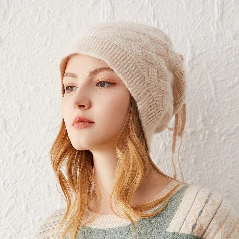 Cashmere Beanie Ribbed Edge With Drawstring Ribbed Edg Ivory M