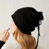 Cashmere Beanie Ribbed Edge With Drawstring Ribbed Edg Black M