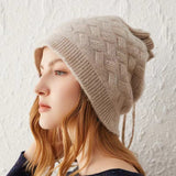 Cashmere Beanie Ribbed Edge With Drawstring Ribbed Edg Beige M
