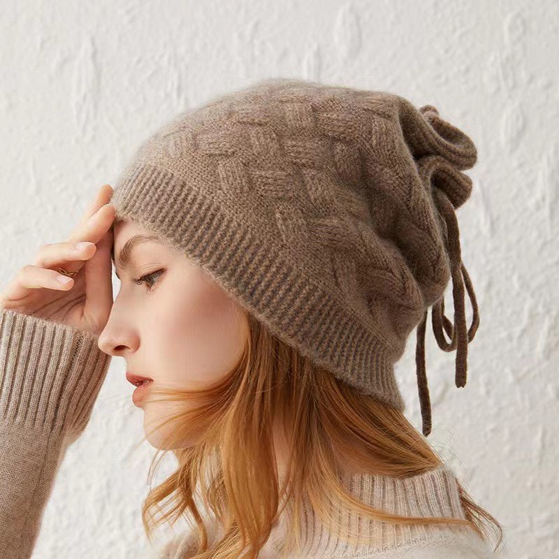 Cashmere Beanie Ribbed Edge With Drawstring Ribbed Edg Taupe M