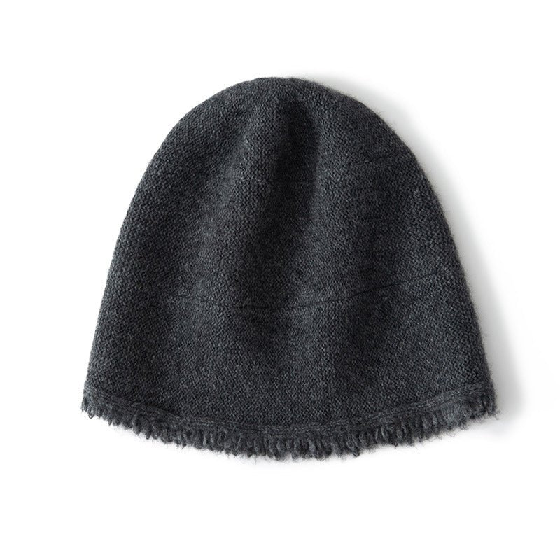 Pure Cashmere Beanie Hat With Fringed Hem Textured Winter Hat Gray M