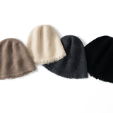 Pure Cashmere Beanie Hat With Fringed Hem Textured Winter Hat Black M