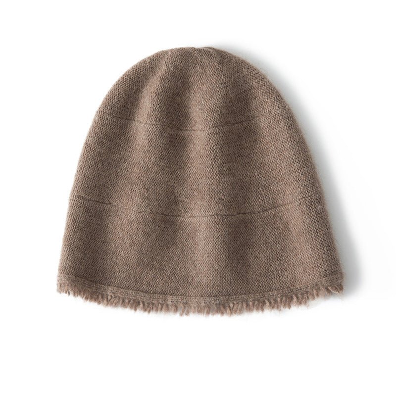 Pure Cashmere Beanie Hat With Fringed Hem Textured Winter Hat Taupe M