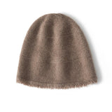 Pure Cashmere Beanie Hat With Fringed Hem Textured Winter Hat Taupe M
