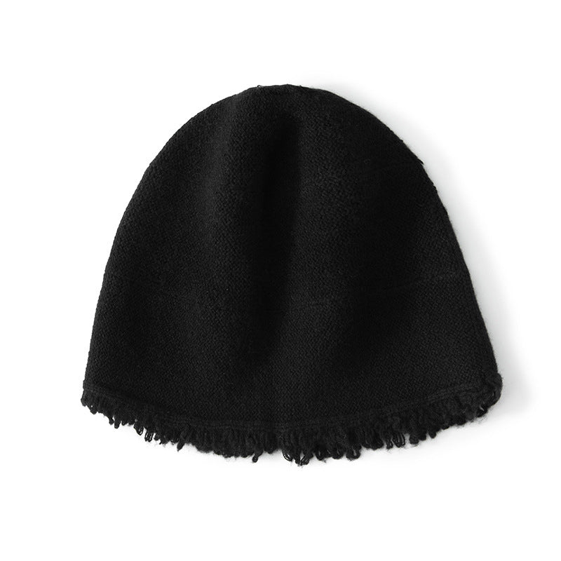 Pure Cashmere Beanie Hat With Fringed Hem Textured Winter Hat Black M