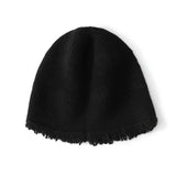 Pure Cashmere Beanie Hat With Fringed Hem Textured Winter Hat Black M