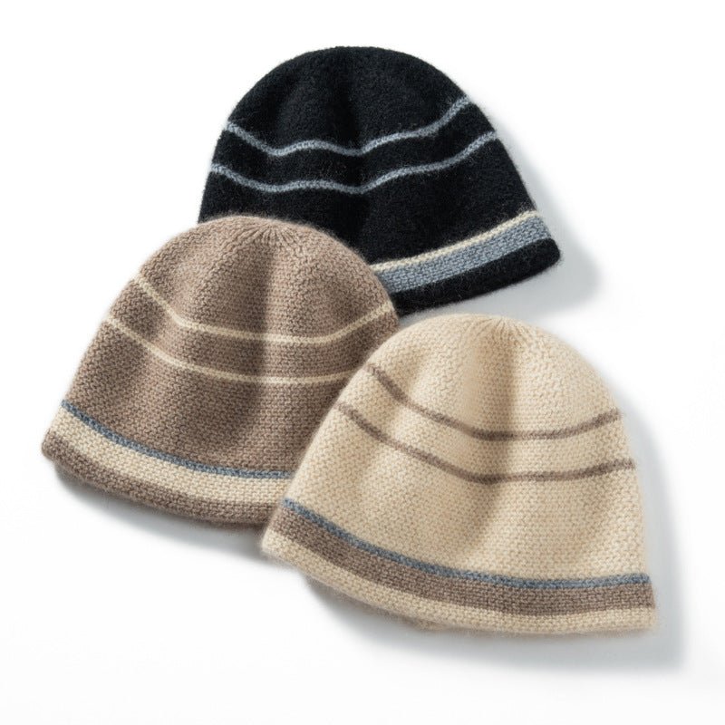 Cashmere Beanie Stripe Cashmere Winter Hat Unisex 100% Cashmere Cap Black M