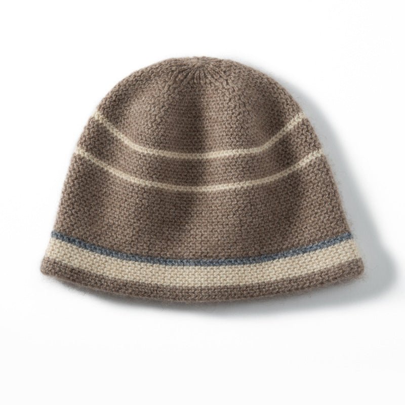 Cashmere Beanie Stripe Cashmere Winter Hat Unisex 100% Cashmere Cap Taupe M