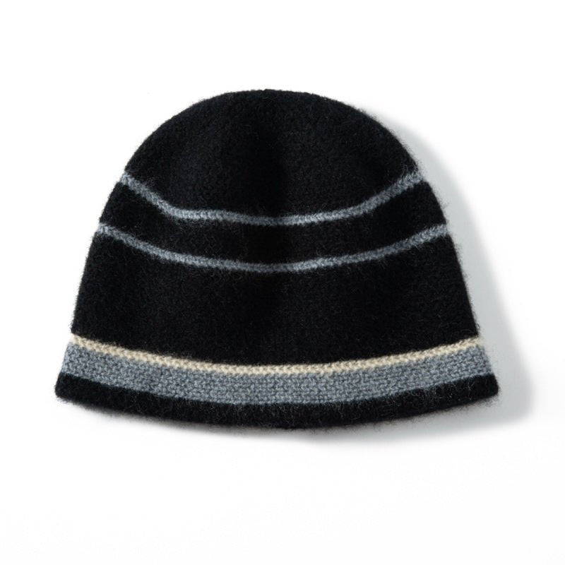 Cashmere Beanie Stripe Cashmere Winter Hat Unisex 100% Cashmere Cap Black M