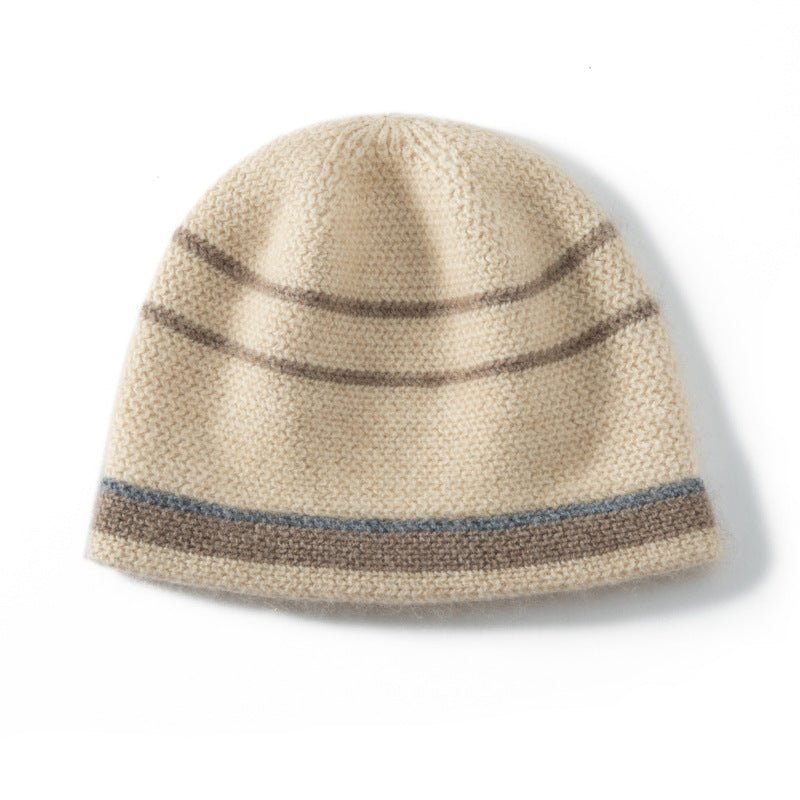 Cashmere Beanie Stripe Cashmere Winter Hat Unisex 100% Cashmere Cap Beige M